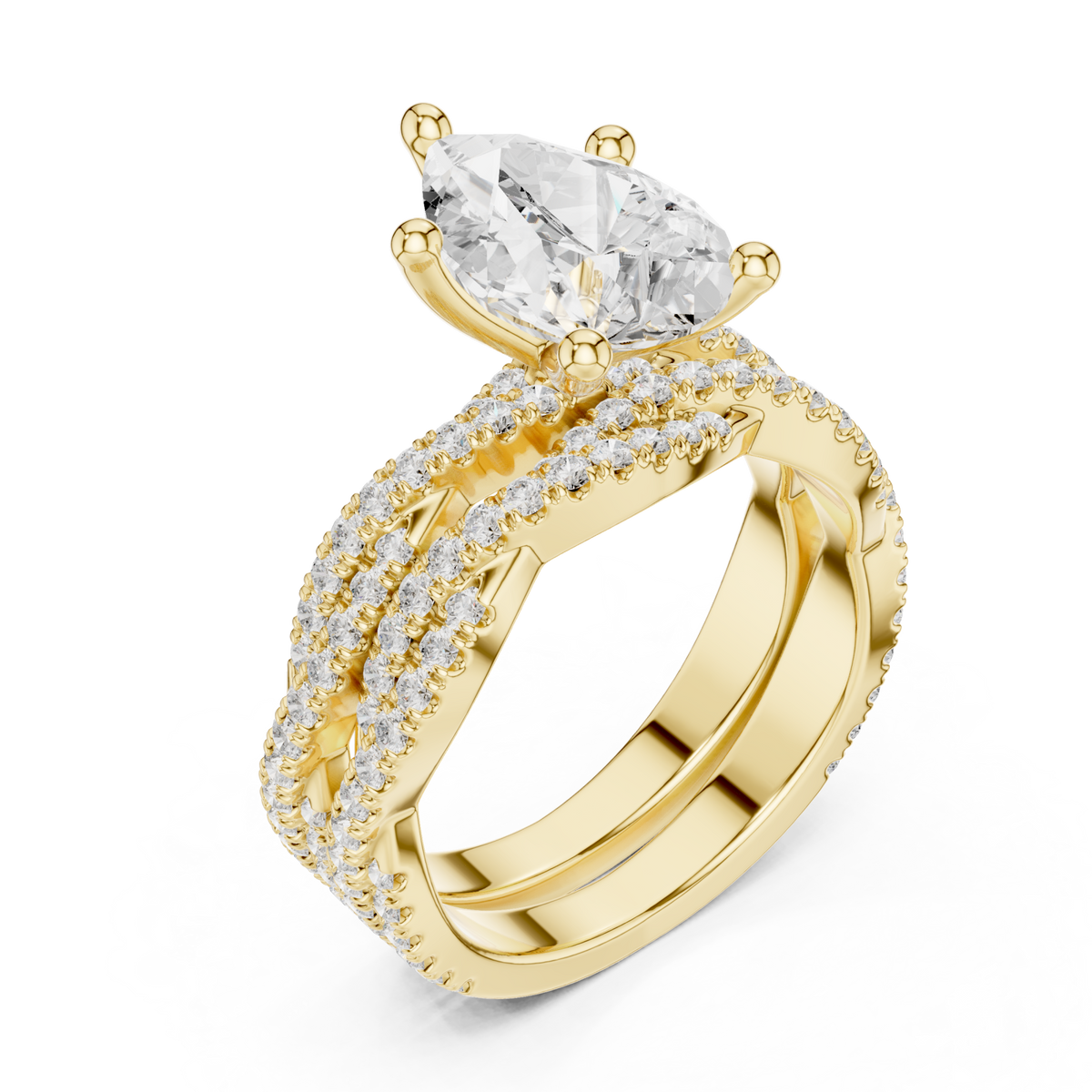 Pear-shaped twisted pave solitaire bridal set yellow gold front view