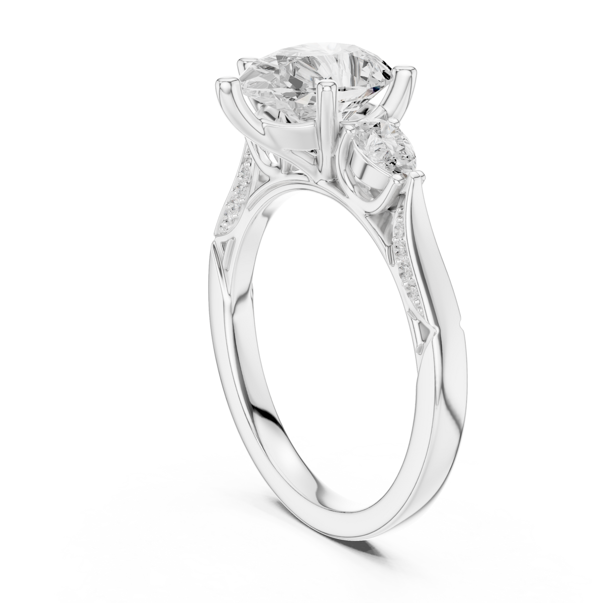 Pear accent three stone pave engagement ring white gold front view