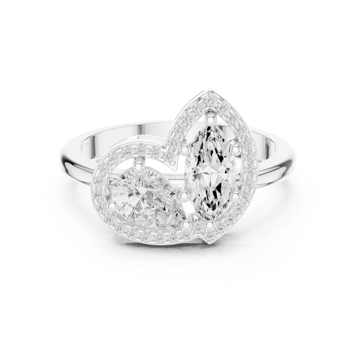 Pear and marquise halo bypass ring white gold detail view