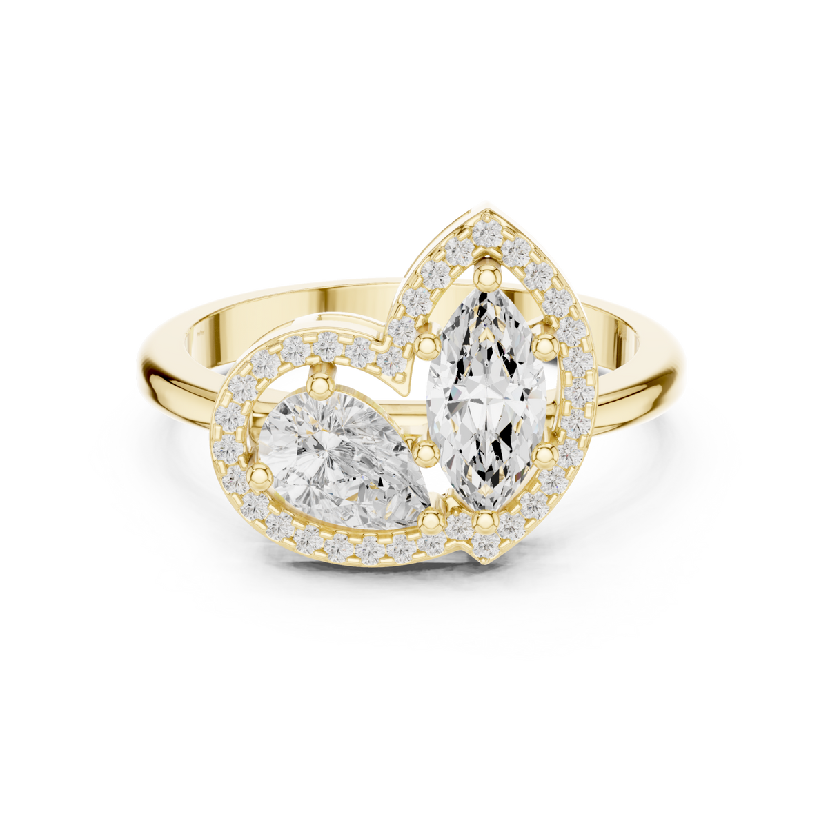 Pear and marquise halo bypass ring yellow gold detail view
