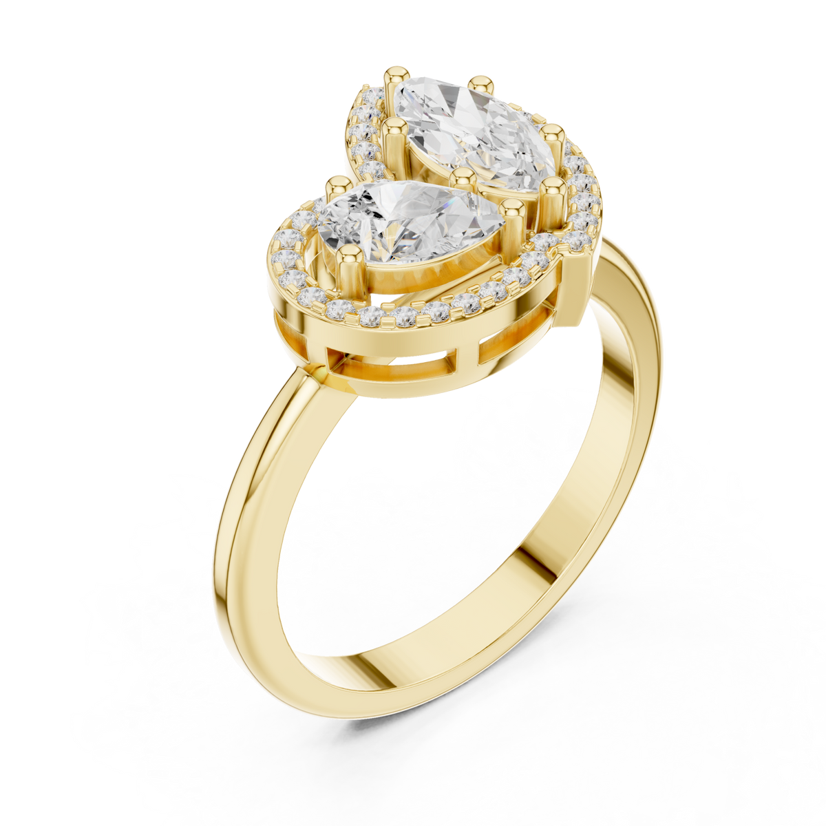 Pear and marquise halo bypass ring yellow gold front view