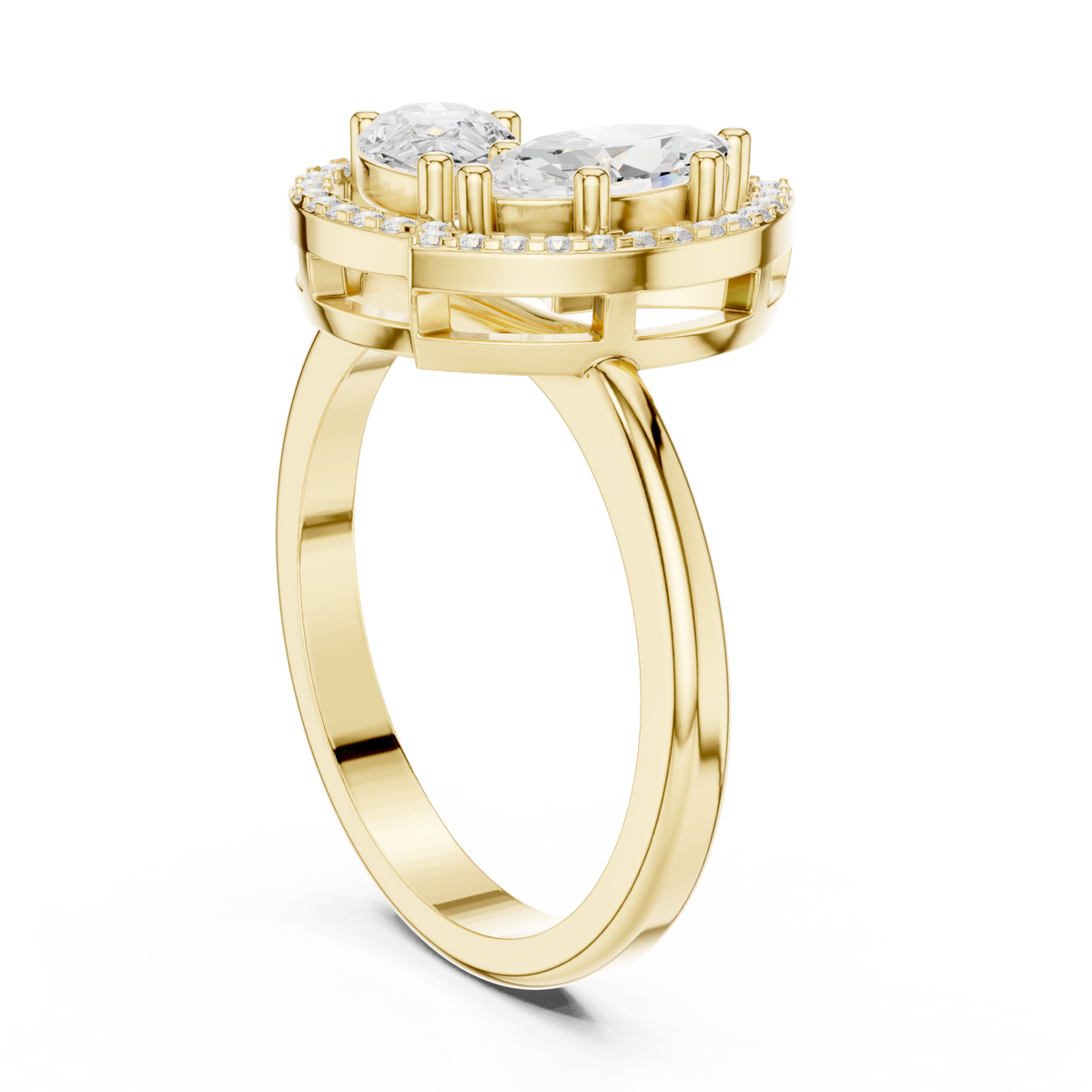 Pear and marquise halo bypass ring yellow gold side view