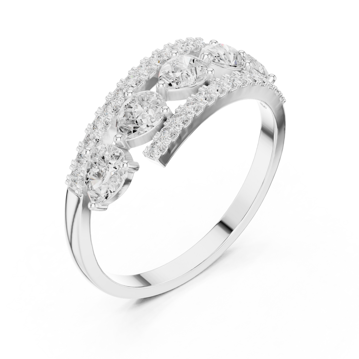 Pear and pave open band ring white gold front view