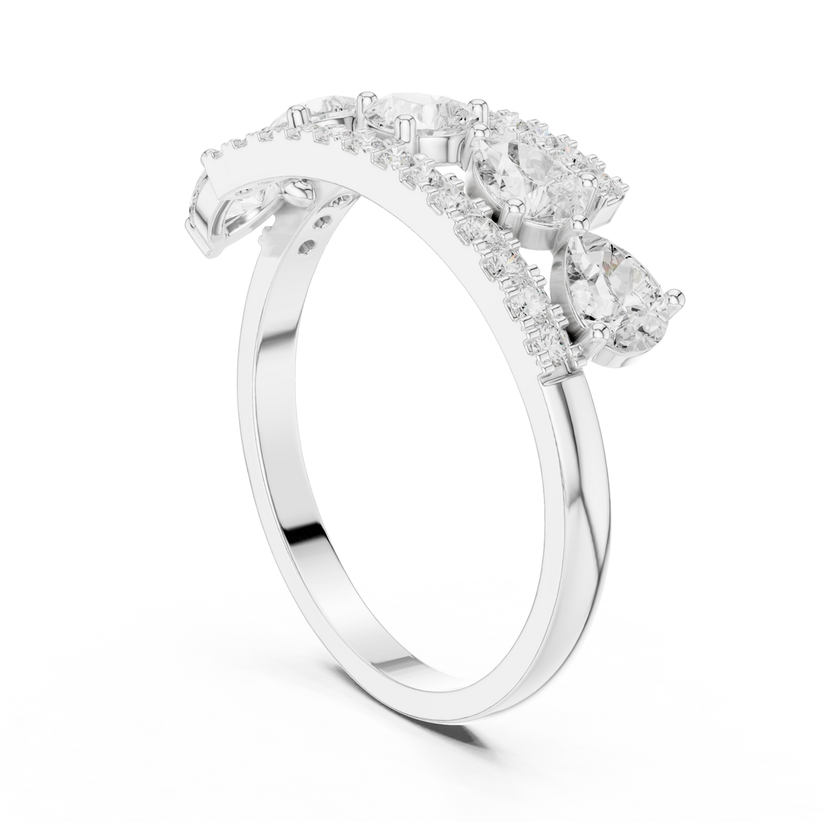 Pear and pave open band ring white gold side view