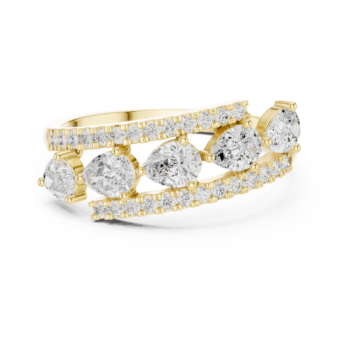 Pear and pave open band ring yellow gold detail view