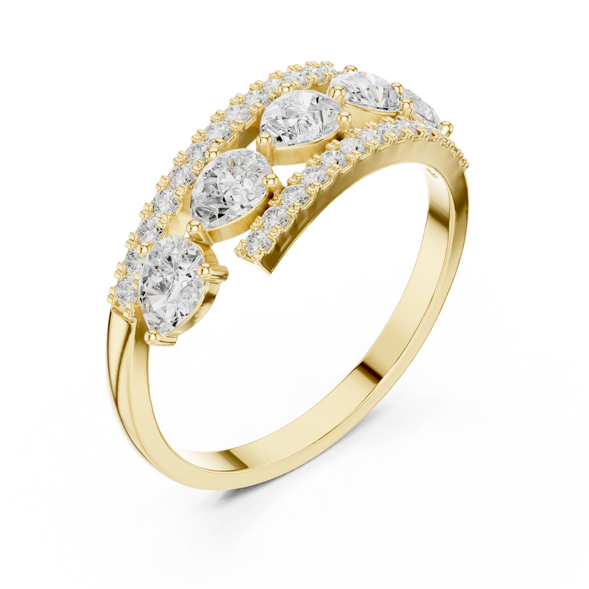 Pear and pave open band ring yellow gold front view