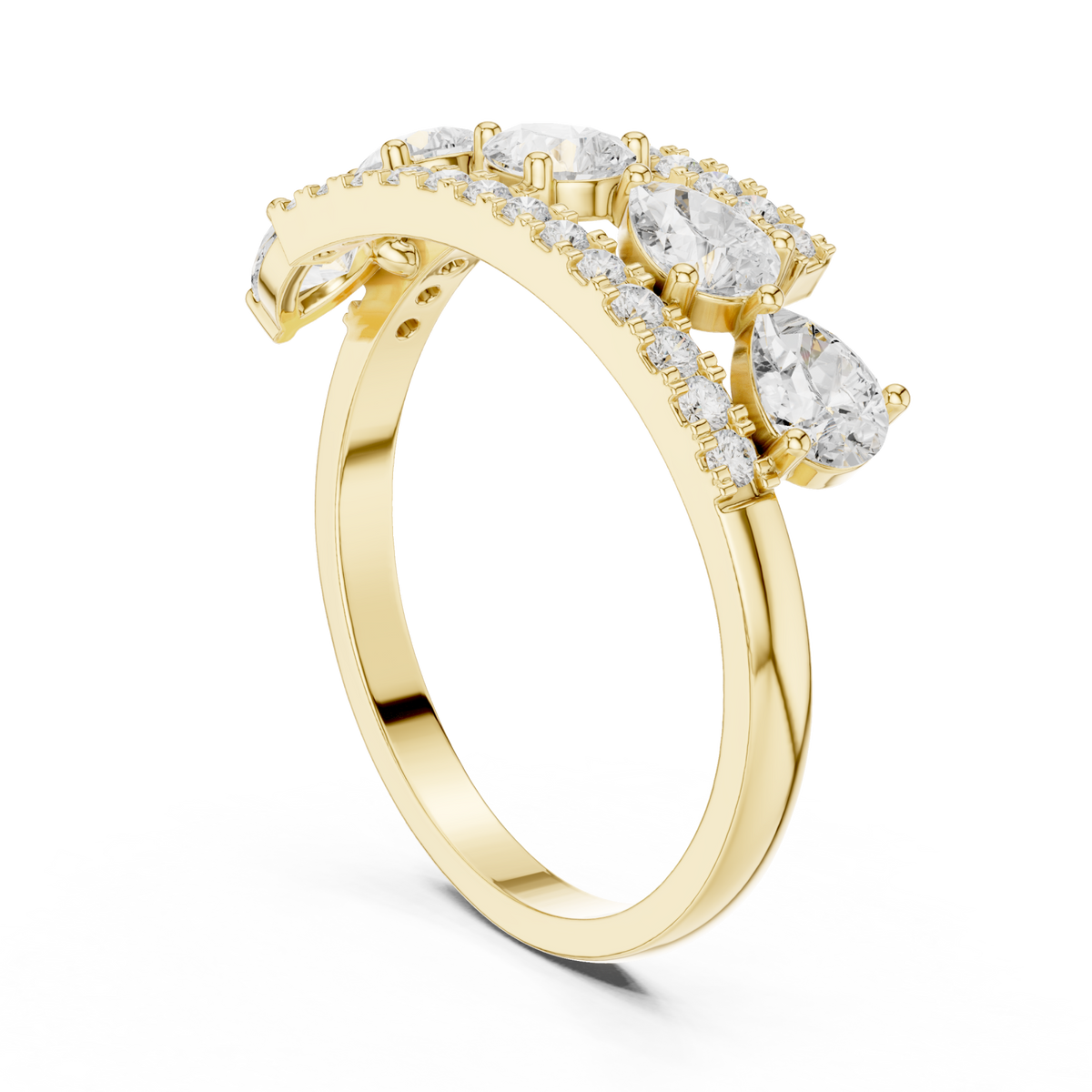 Pear and pave open band ring yellow gold side view