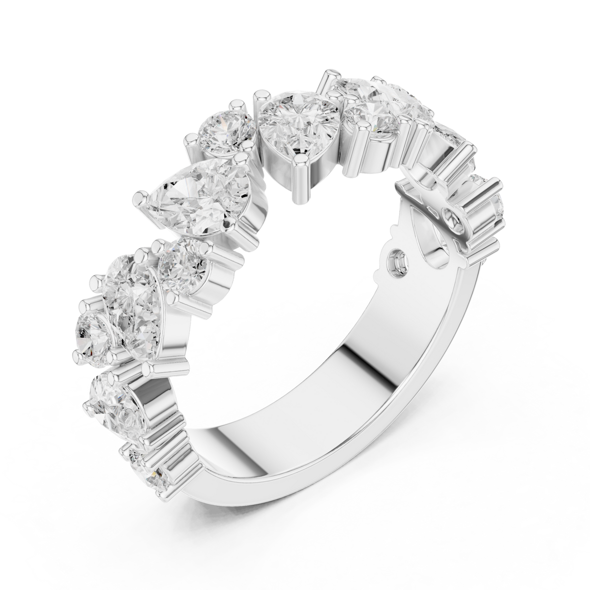 Pear and round cluster half eternity band white gold front view