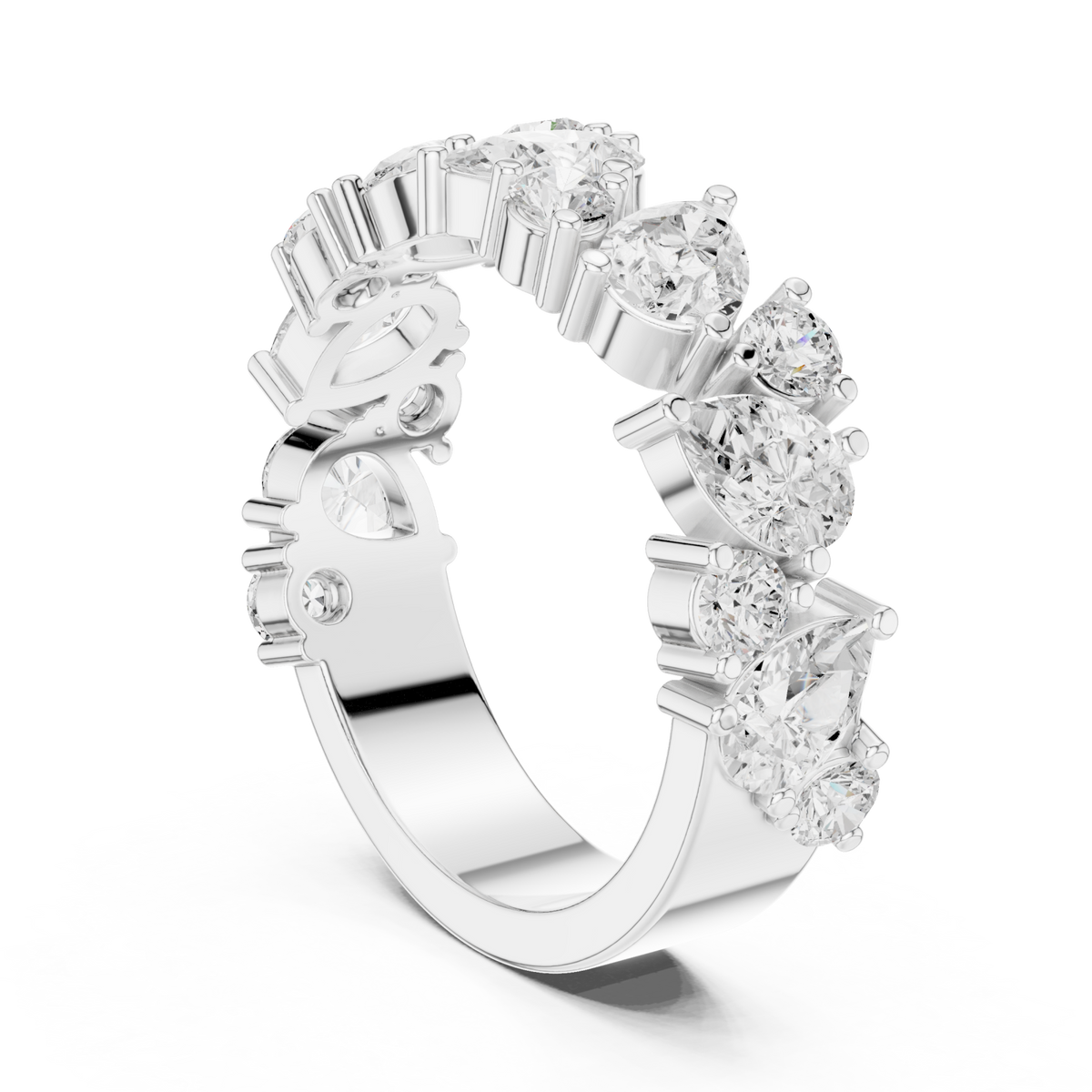 Pear and round cluster half eternity band white gold side view