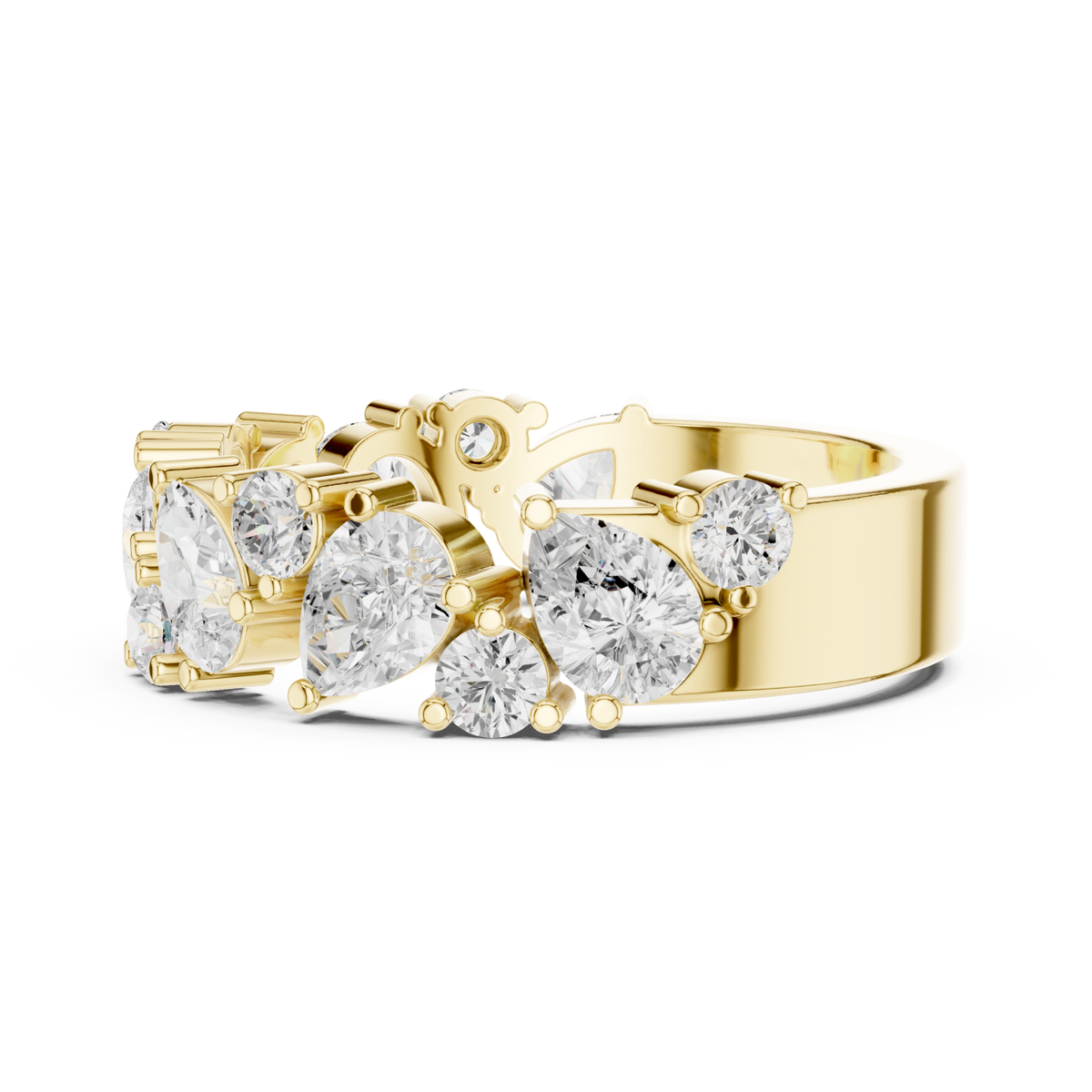 Pear and round cluster half eternity band yellow gold angle view