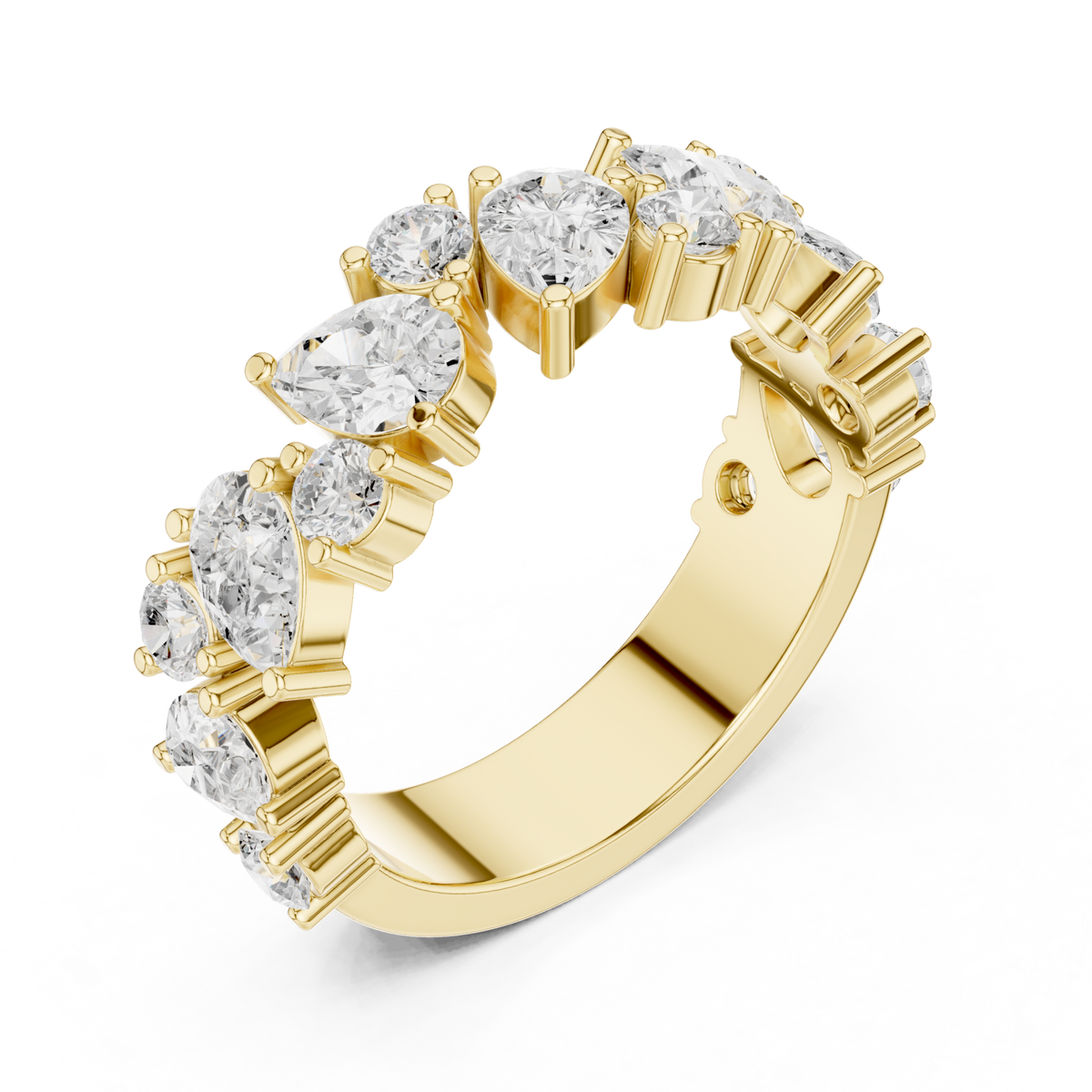 Pear and round cluster half eternity band yellow gold front view