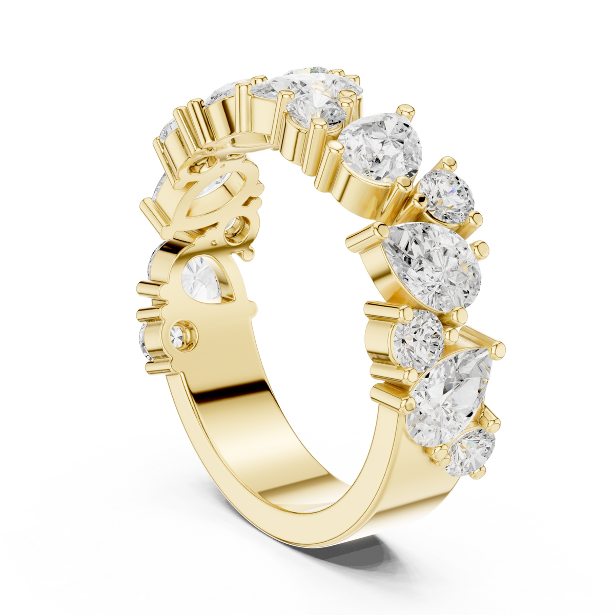 Pear and round cluster half eternity band yellow gold side view