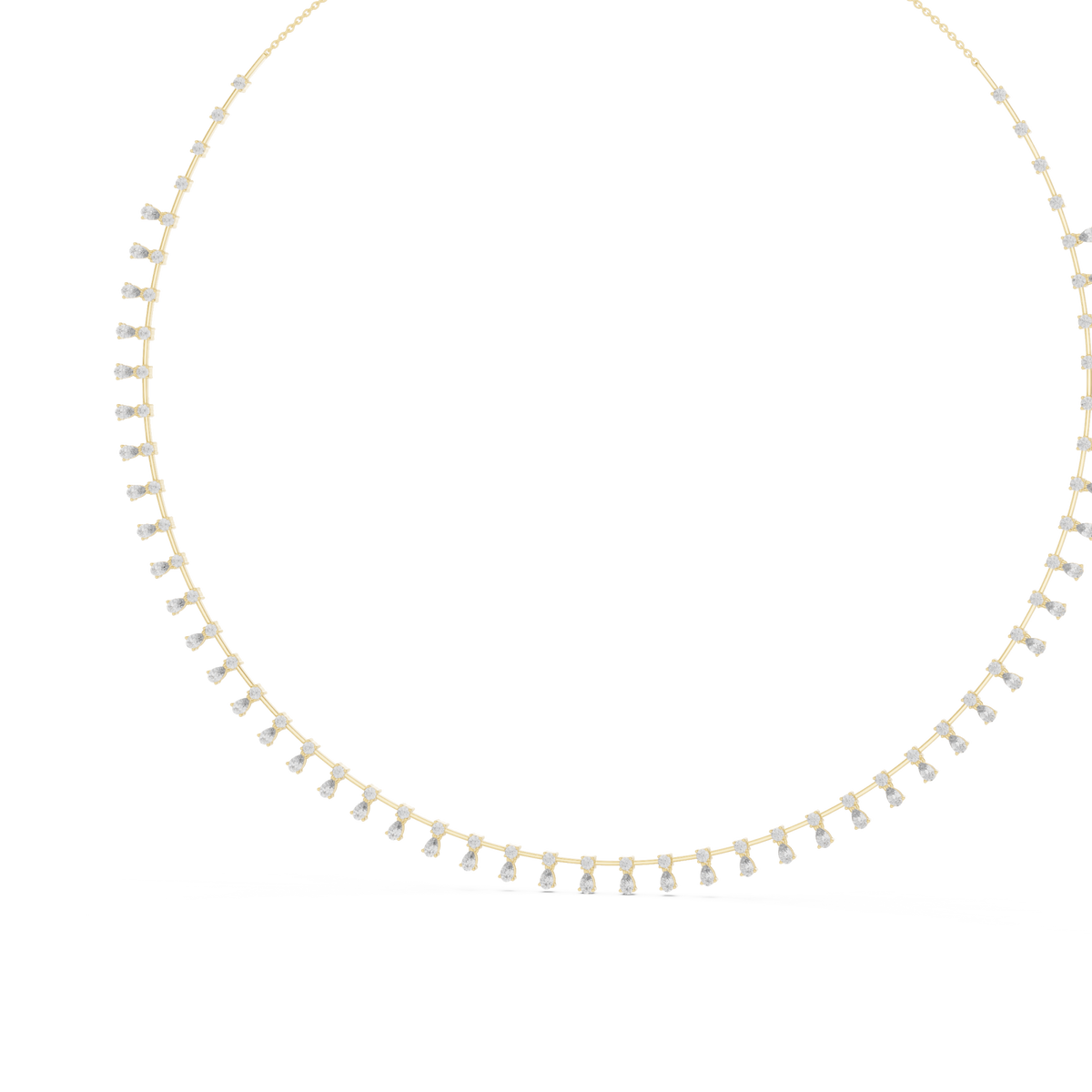 Pear and round diamond fringe necklace yellow gold angle view