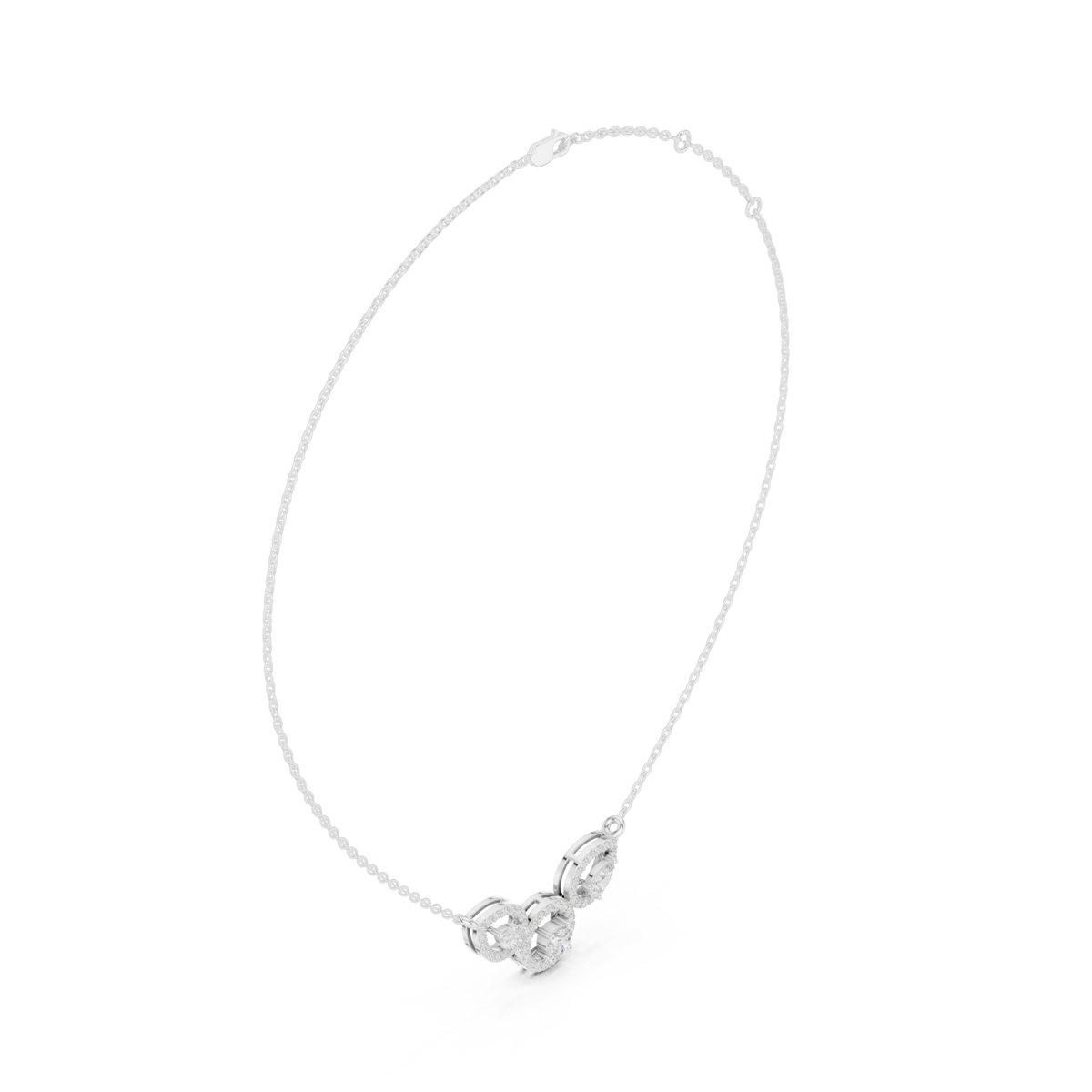 Pear and round trio halo necklace white gold front view