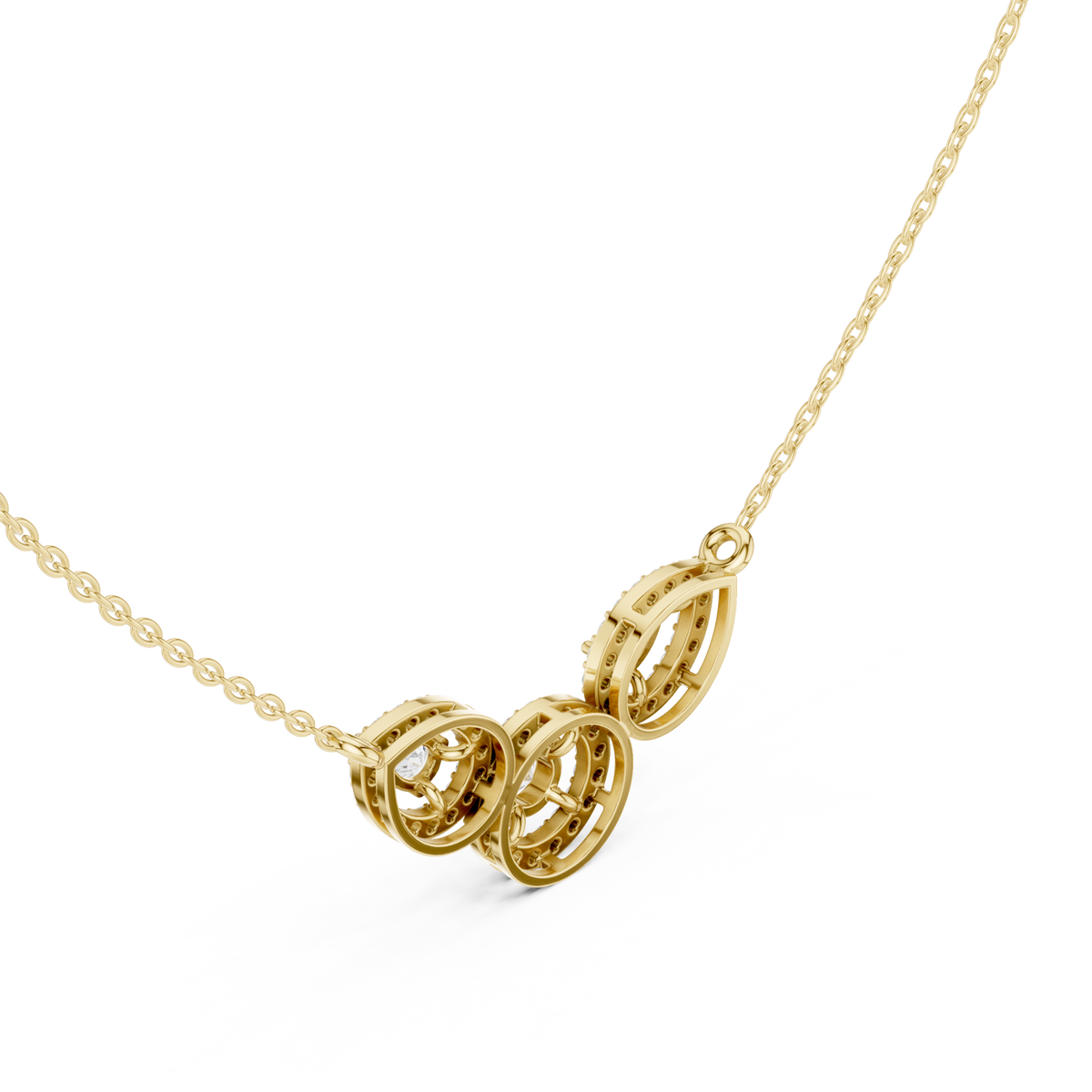 Pear and round trio halo necklace yellow gold angle view