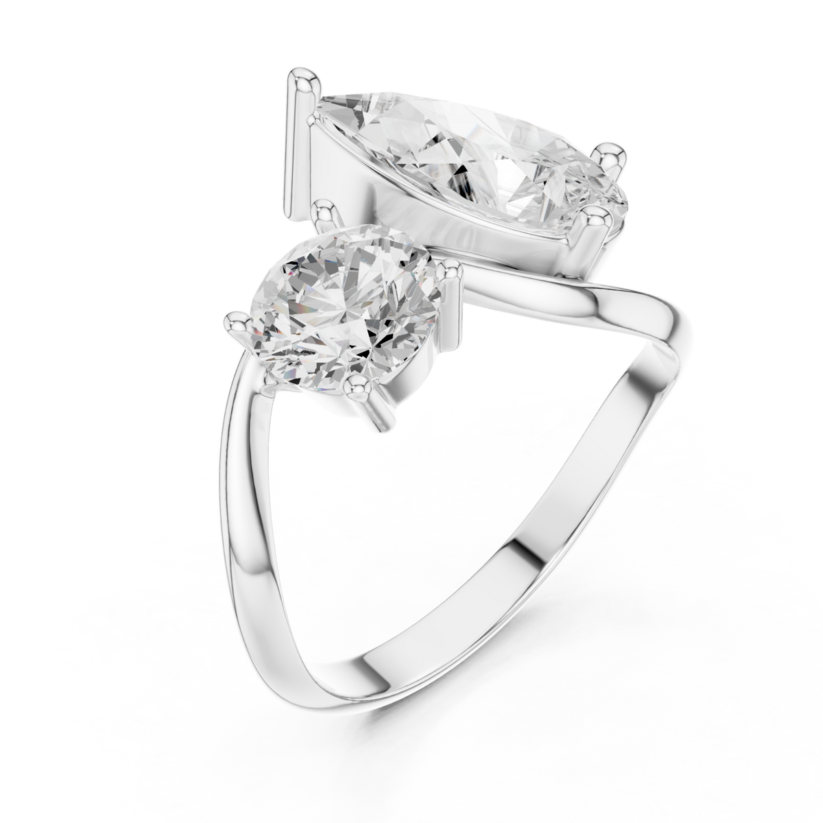 Pear and round twist toi et moi ring white gold front view