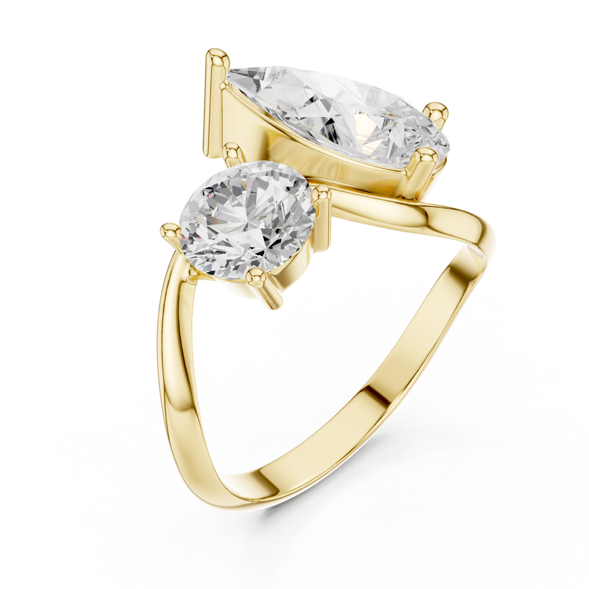 Pear and round twist toi et moi ring yellow gold front view