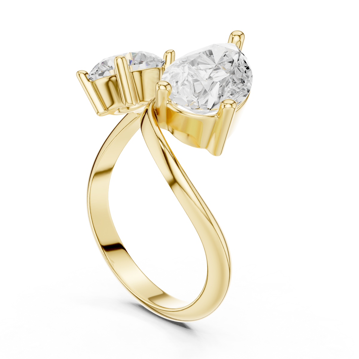 Pear and round twist toi et moi ring yellow gold side view