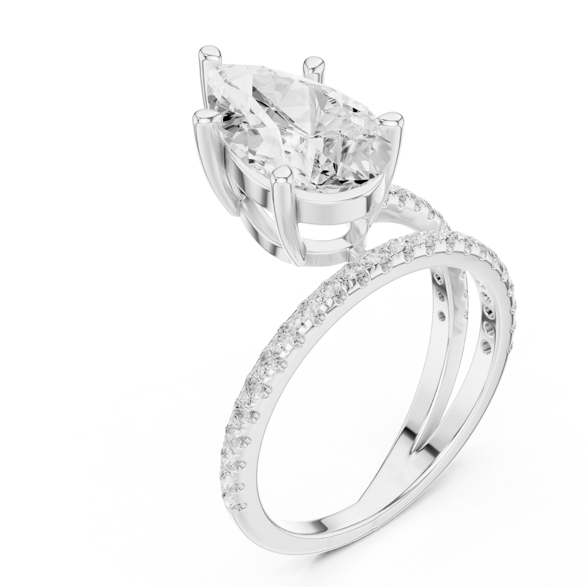 Pear asymmetric crossover pave ring white gold angle view