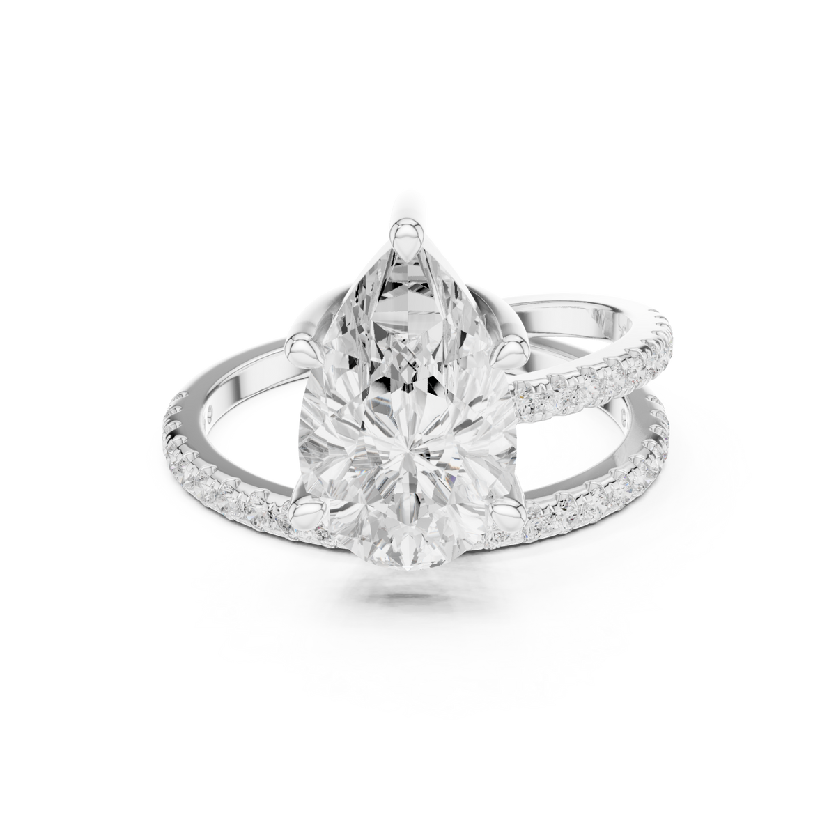 Pear asymmetric crossover pave ring white gold detail view