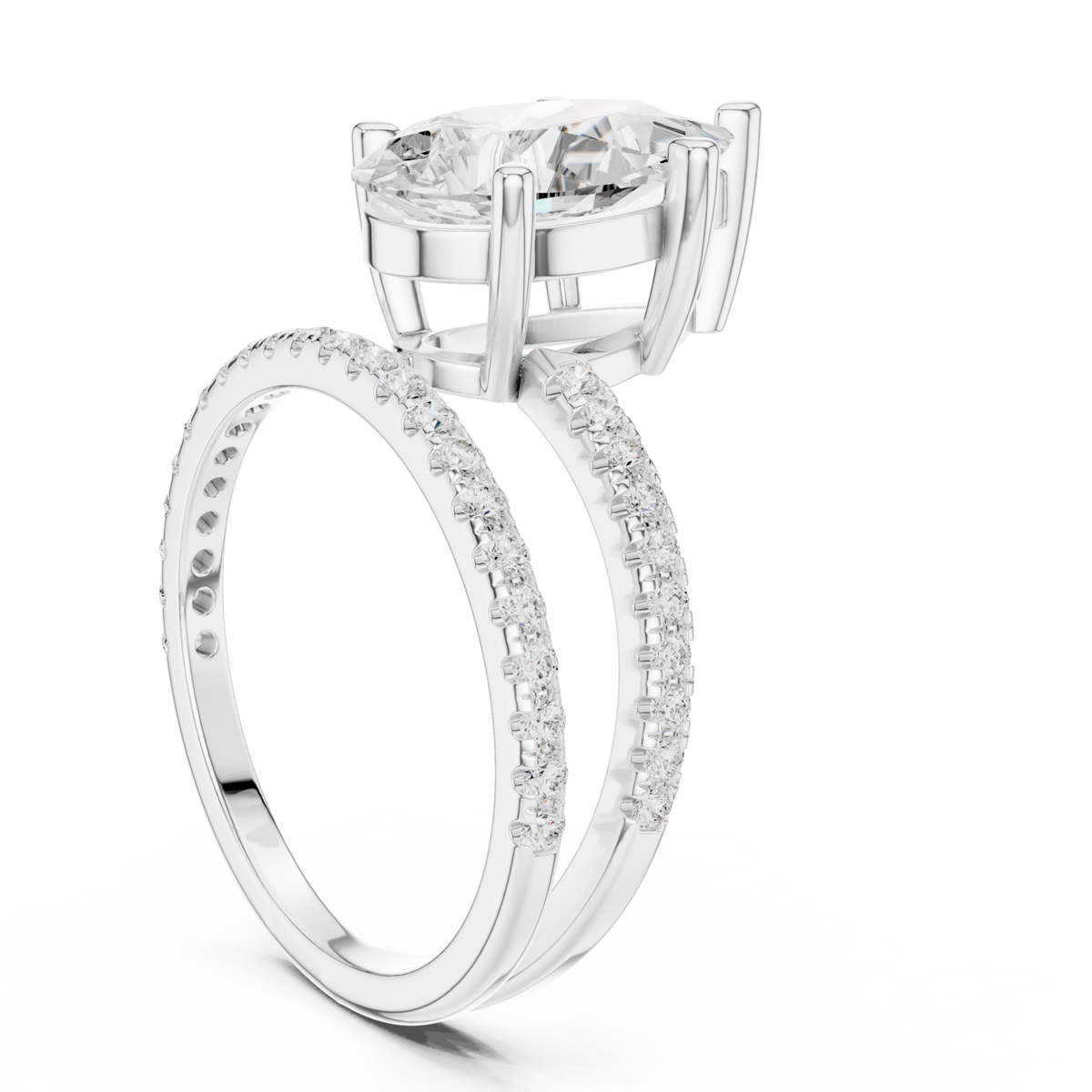 Pear asymmetric crossover pave ring white gold front view