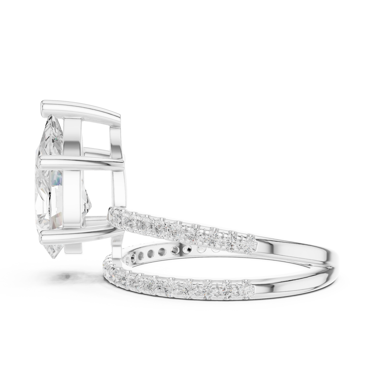 Pear asymmetric crossover pave ring white gold side view