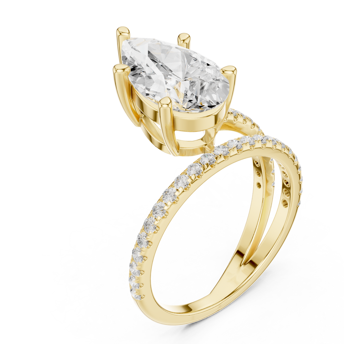 Pear asymmetric crossover pave ring yellow gold front view
