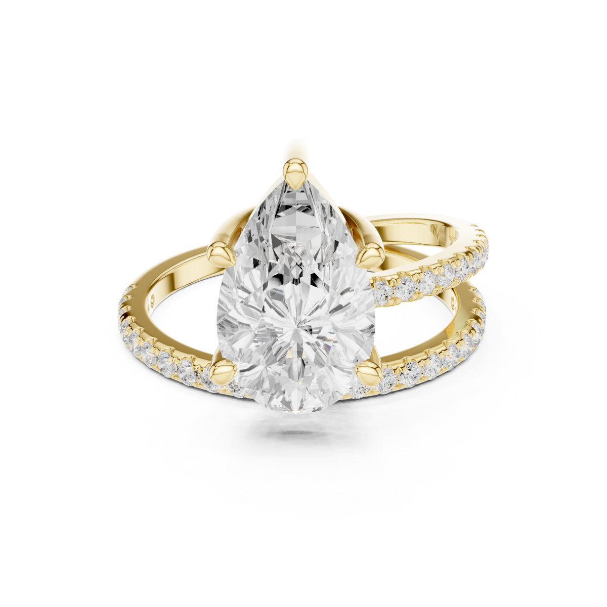 Pear asymmetric crossover pave ring yellow gold detail view