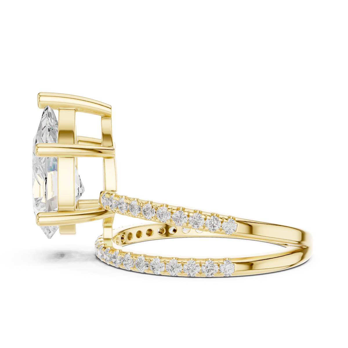 Pear asymmetric crossover pave ring yellow gold side view