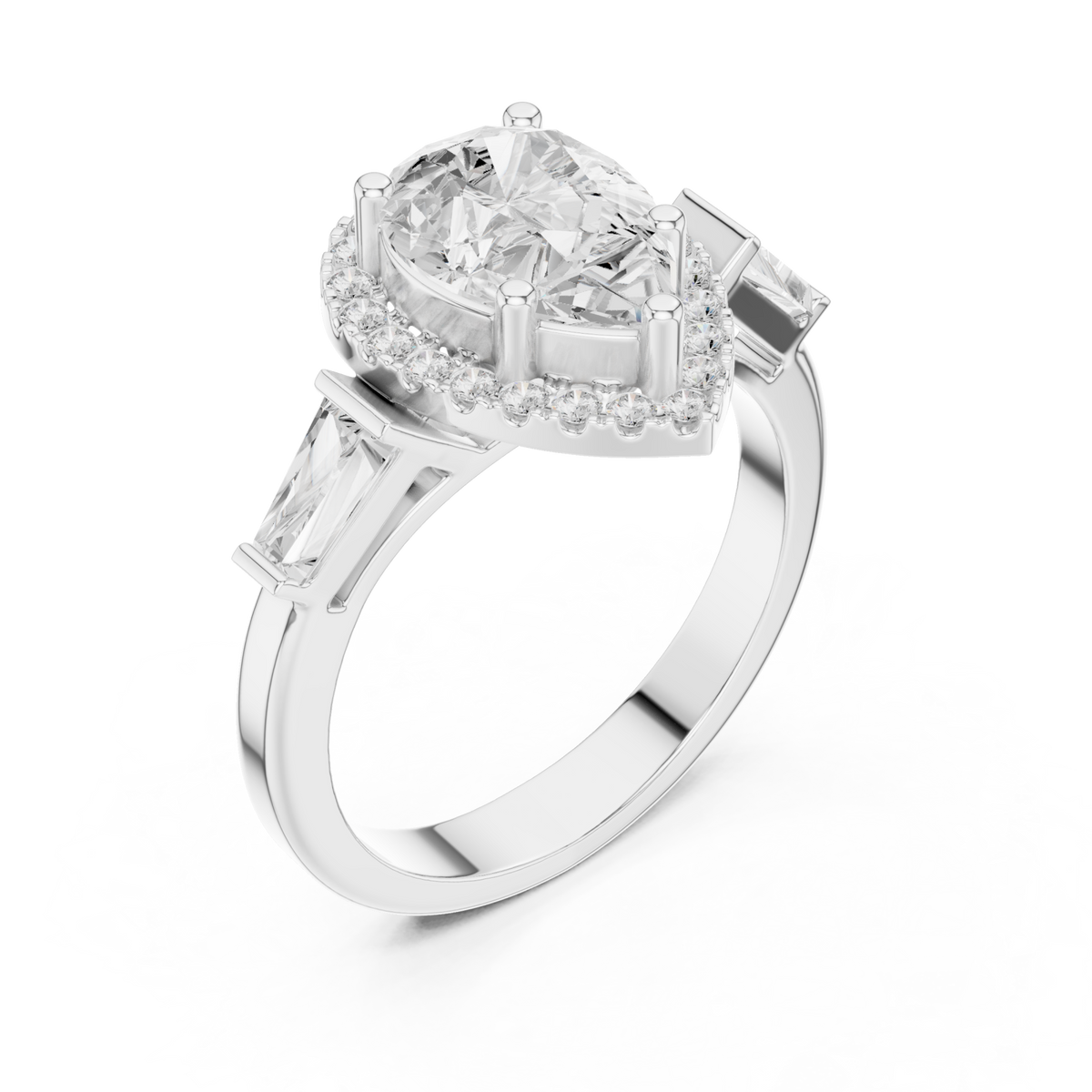 Pear baguette shoulder halo engagement ring white gold angle view