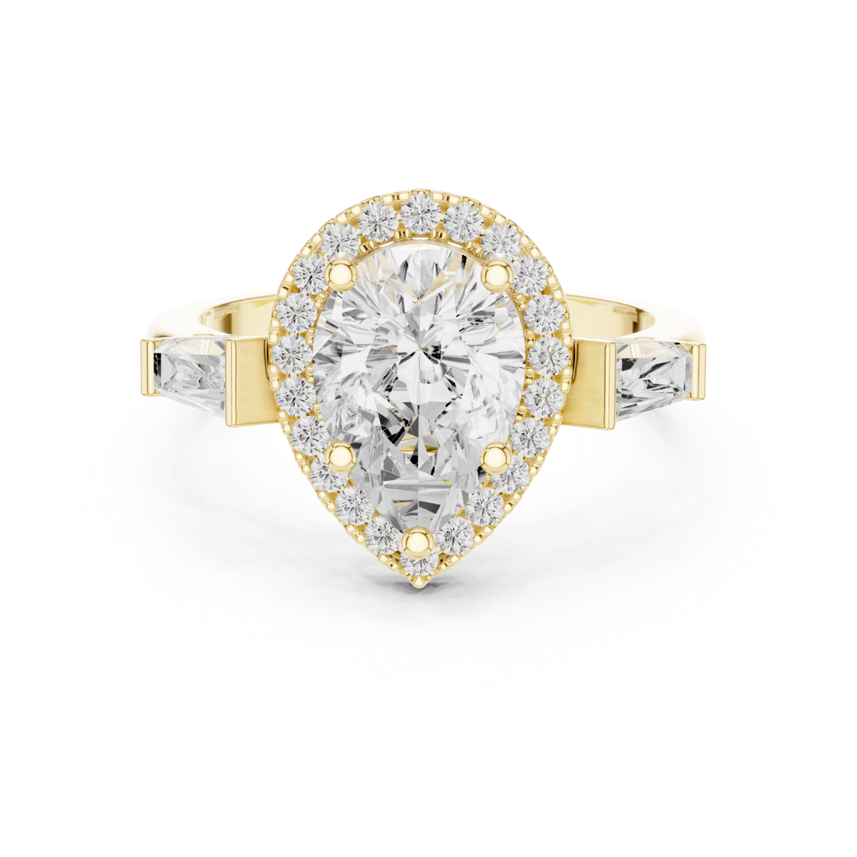 Pear baguette shoulder halo engagement ring yellow gold detail view