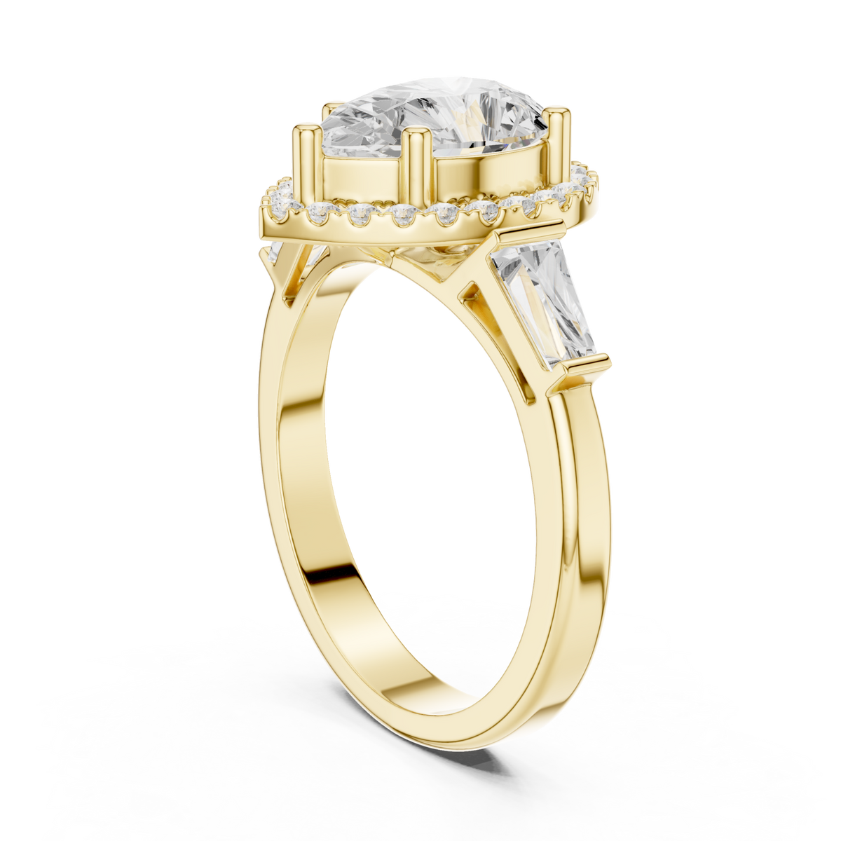 Pear baguette shoulder halo engagement ring yellow gold front view