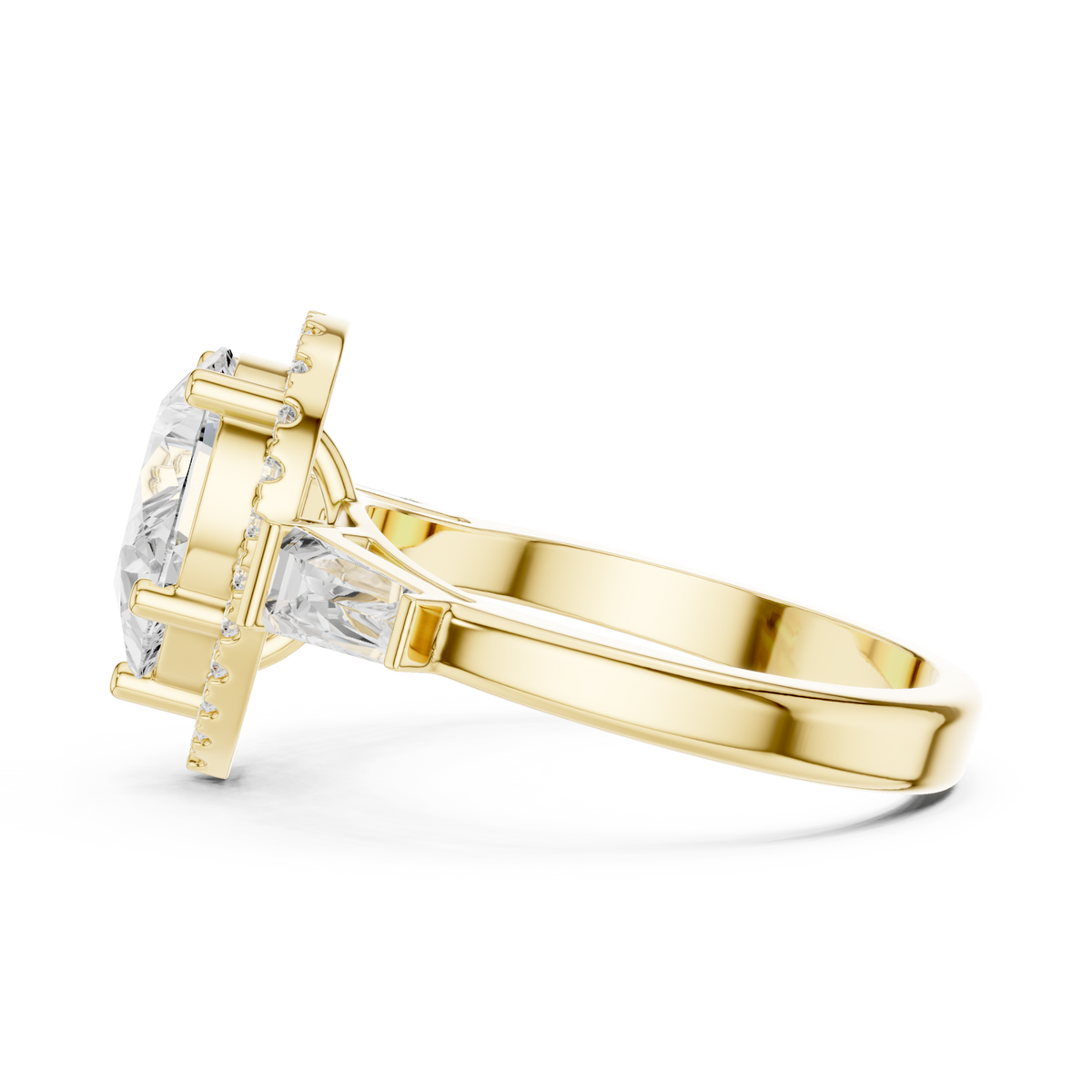 Pear baguette shoulder halo engagement ring yellow gold side view