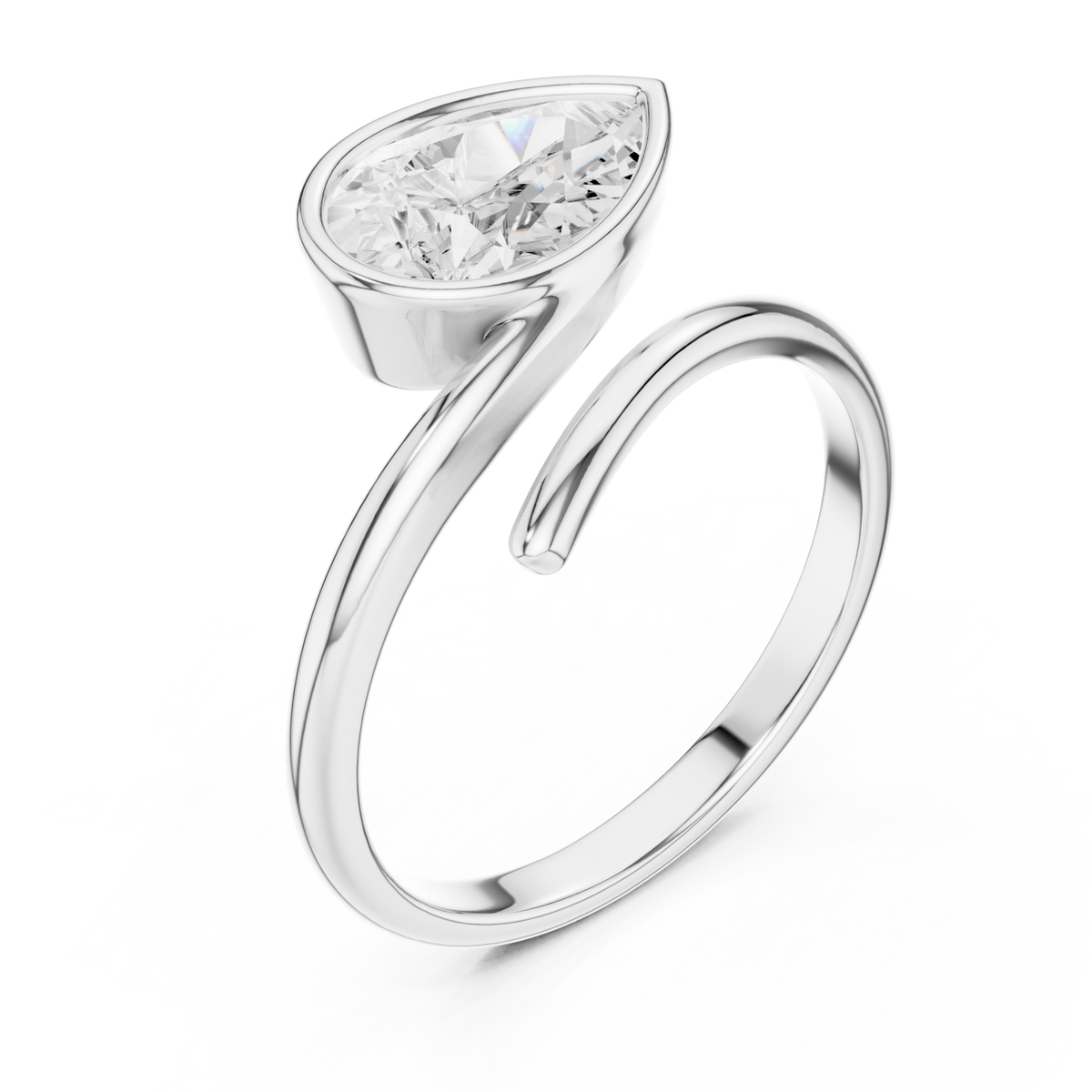 Pear bezel bypass swirl ring white gold front view