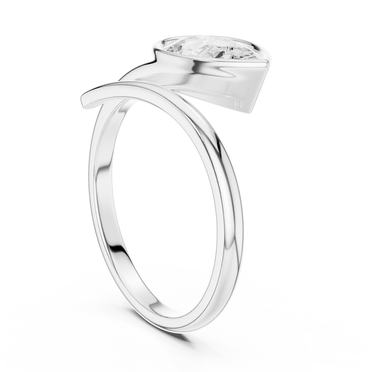 Pear bezel bypass swirl ring white gold side view
