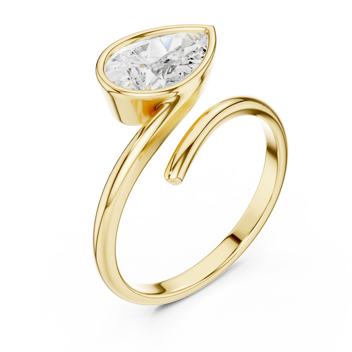 Pear bezel bypass swirl ring yellow gold front view