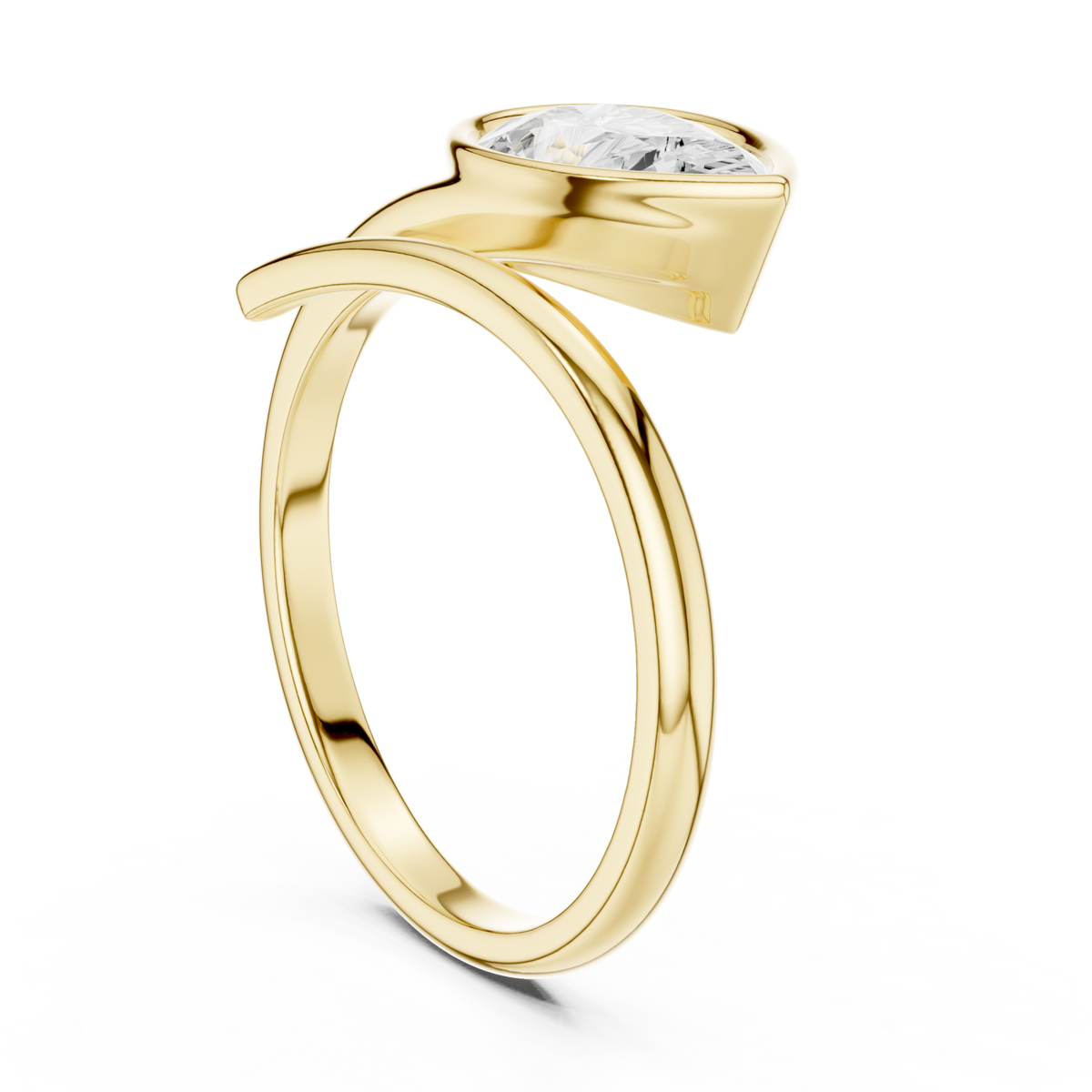 Pear bezel bypass swirl ring yellow gold side view