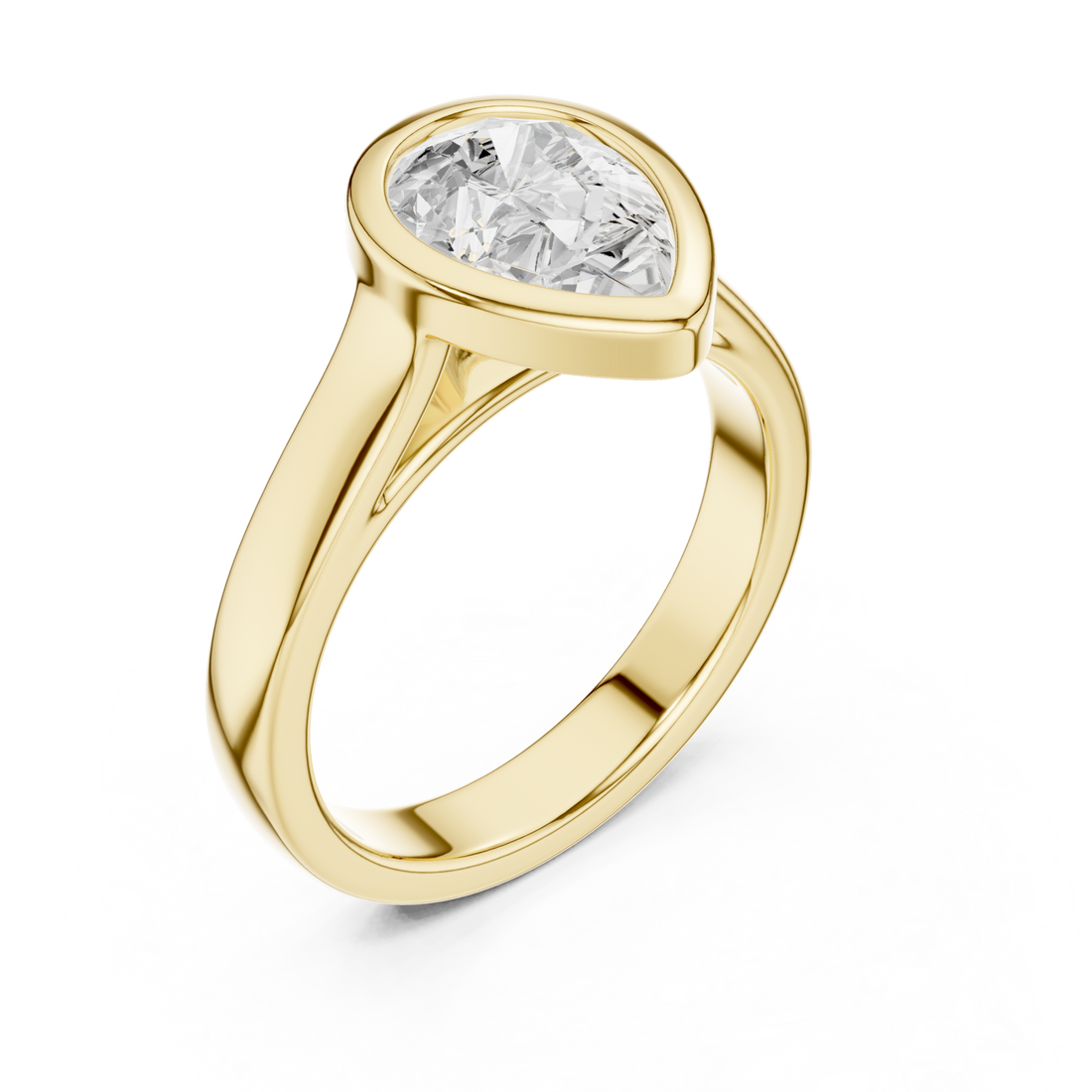 Pear bezel solitaire engagement ring yellow gold front view