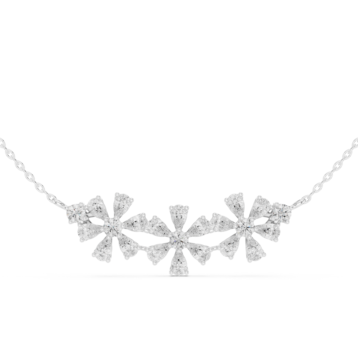 Pear blossom cluster bar necklace white gold detail view