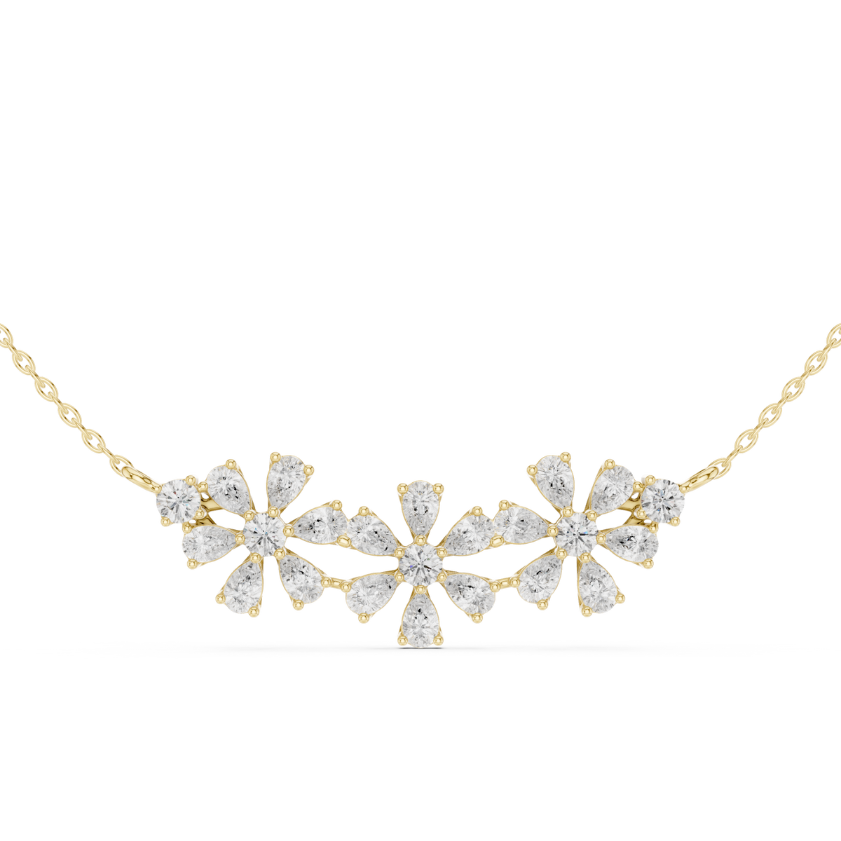 Pear blossom cluster bar necklace yellow gold detail view