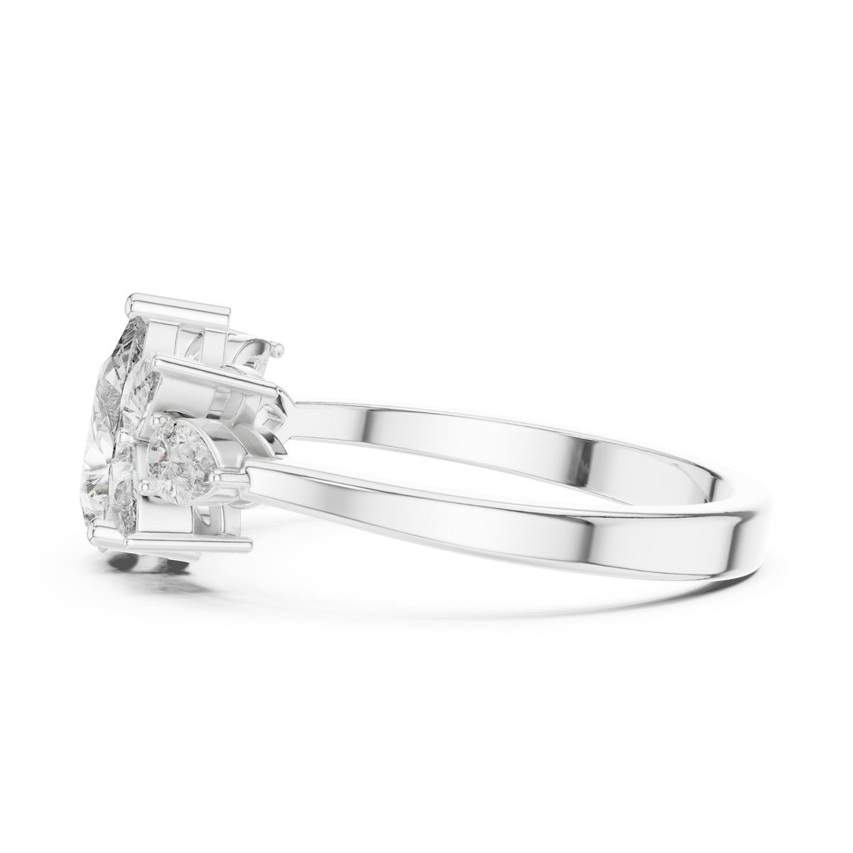 Pear blossom cluster ring white gold angle view
