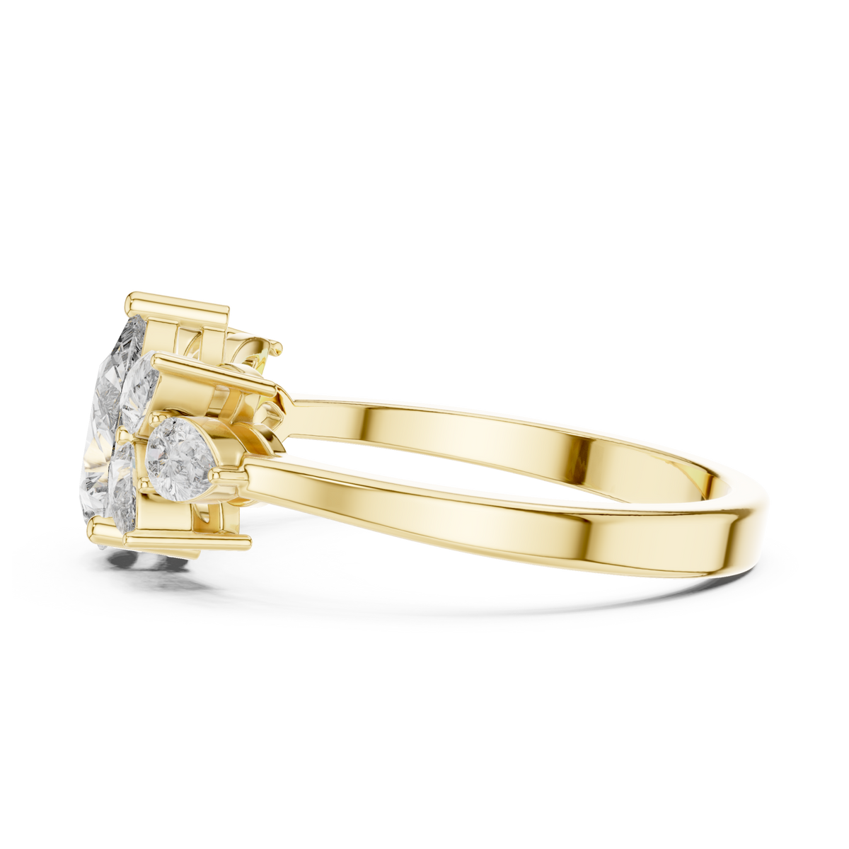 Pear blossom cluster ring yellow gold angle view