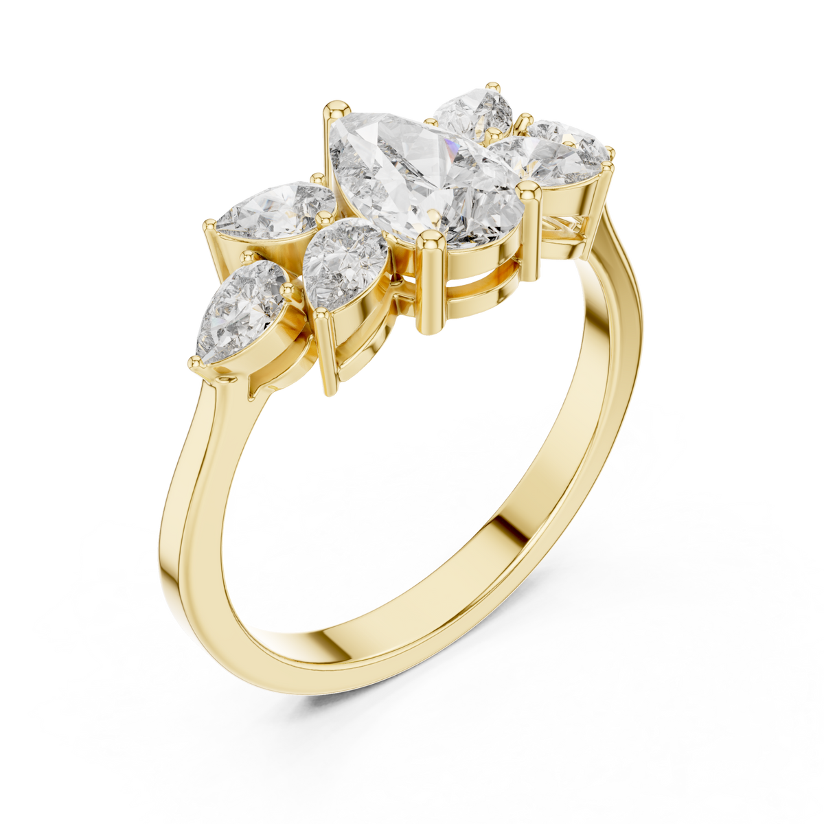 Pear blossom cluster ring yellow gold front view