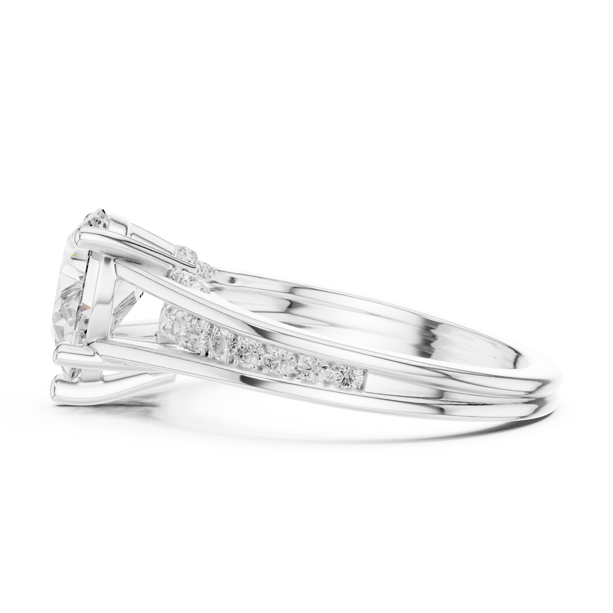 Pear channel shoulder cathedral ring white gold angle view