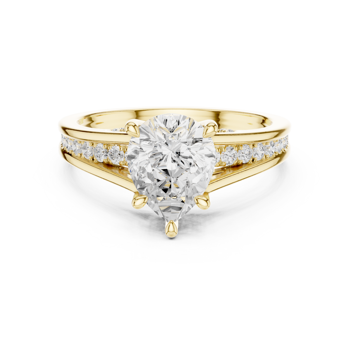 Pear channel shoulder cathedral ring yellow gold detail view