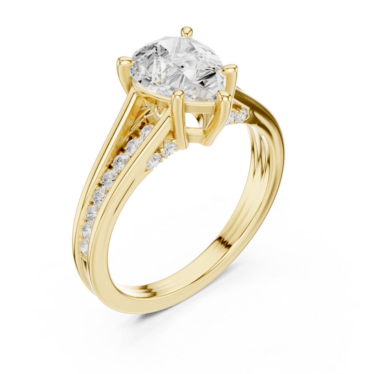 Pear channel shoulder cathedral ring yellow gold front view