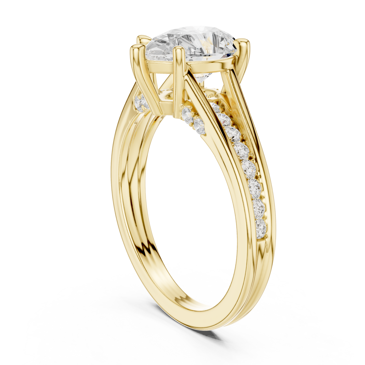 Pear channel shoulder cathedral ring yellow gold side view