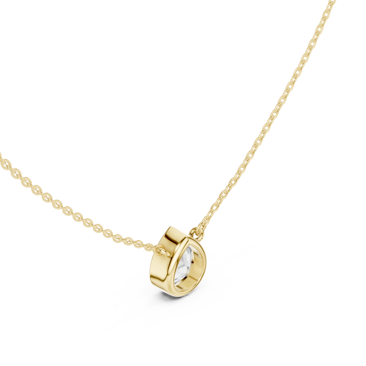 Pear classic bezel solitaire pendant yellow gold angle view