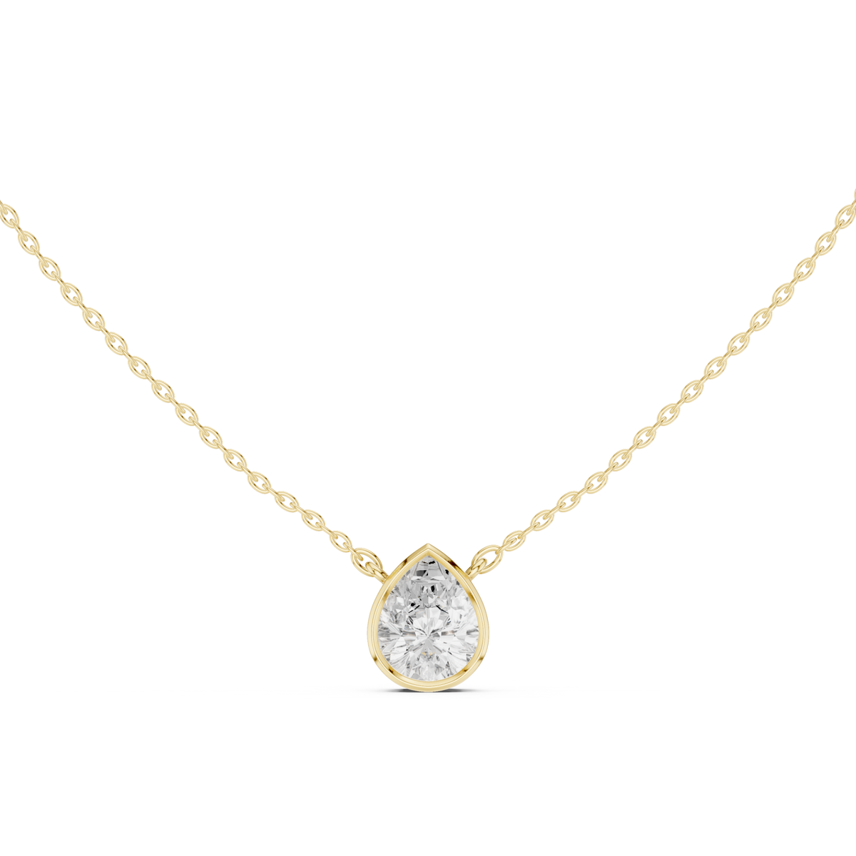 Pear classic bezel solitaire pendant yellow gold detail view