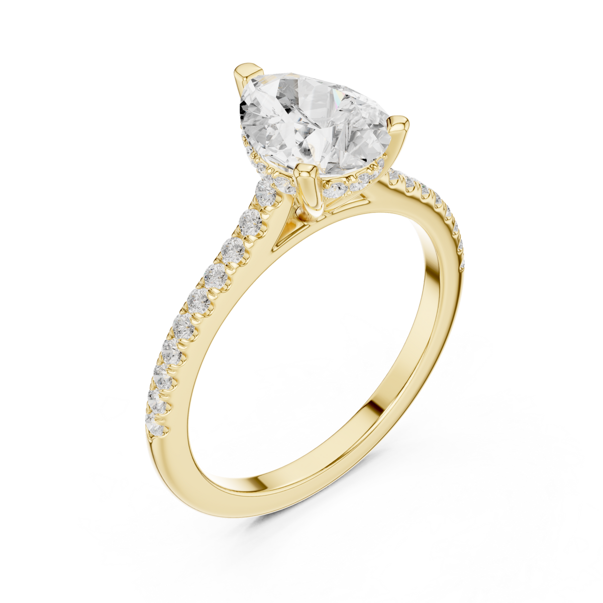 Pear classic pave engagement ring yellow gold angle view